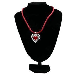 Red Braided Cord Necklace Silver Tone Heart Pendant Red Center Stone Womens